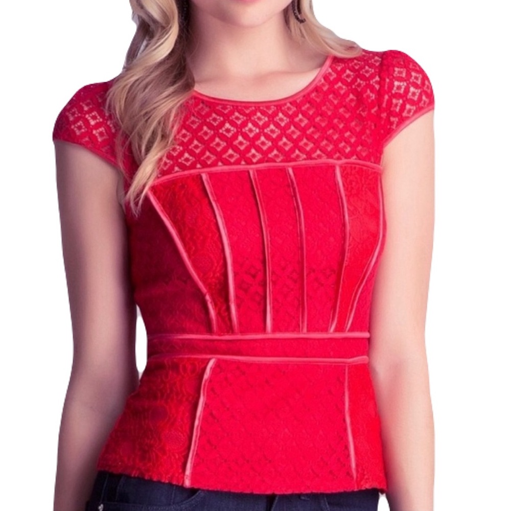 Bebe Mixed Lace Peplum Top Red XS